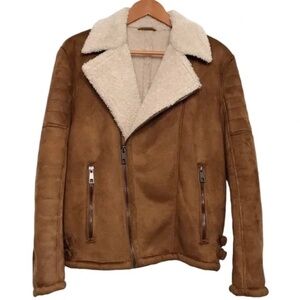 Zara Faux Sherpa & Leather Oversized Brown Bomber Jacket Coat Size Medium